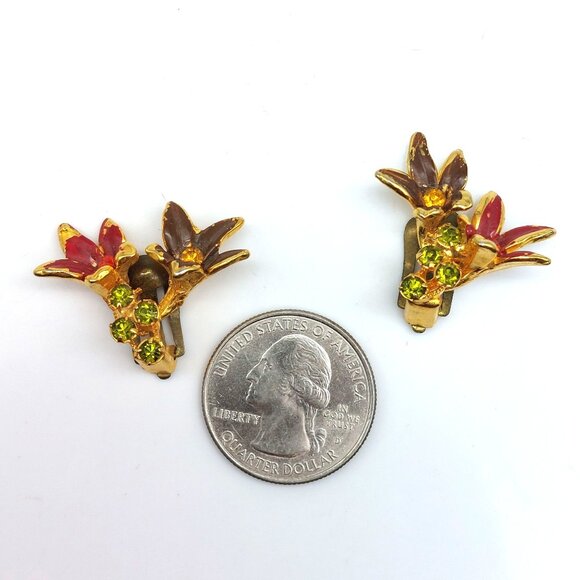 Vintage Austrian Lily Floral Clip-On Earrings Gold Tone & Rhinestones - Picture 2 of 4